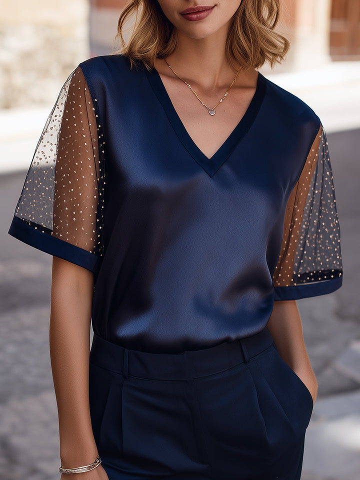 Sheer Polka-Dot Panel V-Neck Structured Top