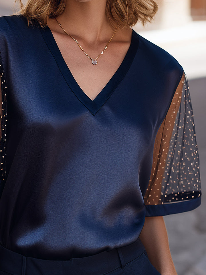 Sheer Polka-Dot Panel V-Neck Structured Top