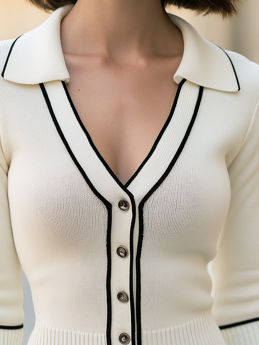 Contrast-Trim Collared Knit Cardigan Top
