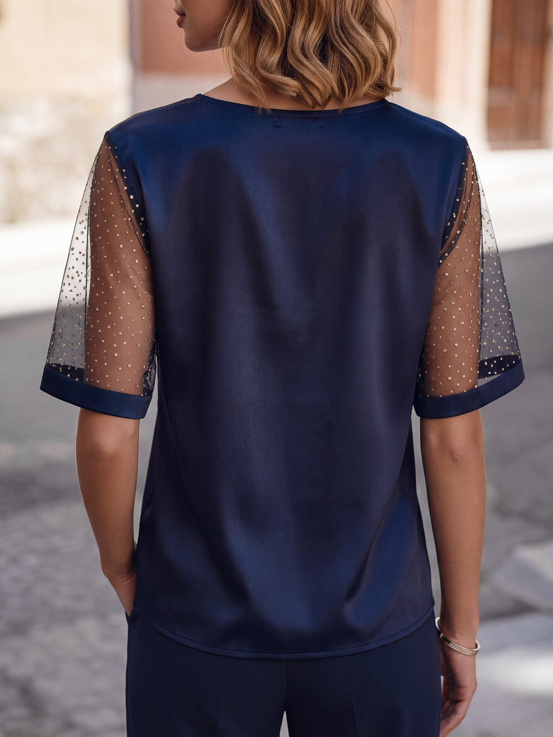 Sheer Polka-Dot Panel V-Neck Structured Top