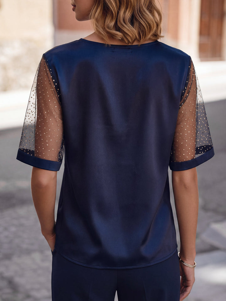 Sheer Polka-Dot Panel V-Neck Structured Top