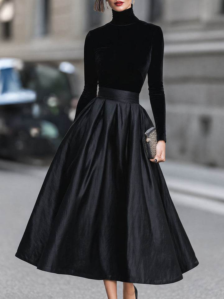 High-Neck Long-Sleeve Full-Skirt Maxi Dress