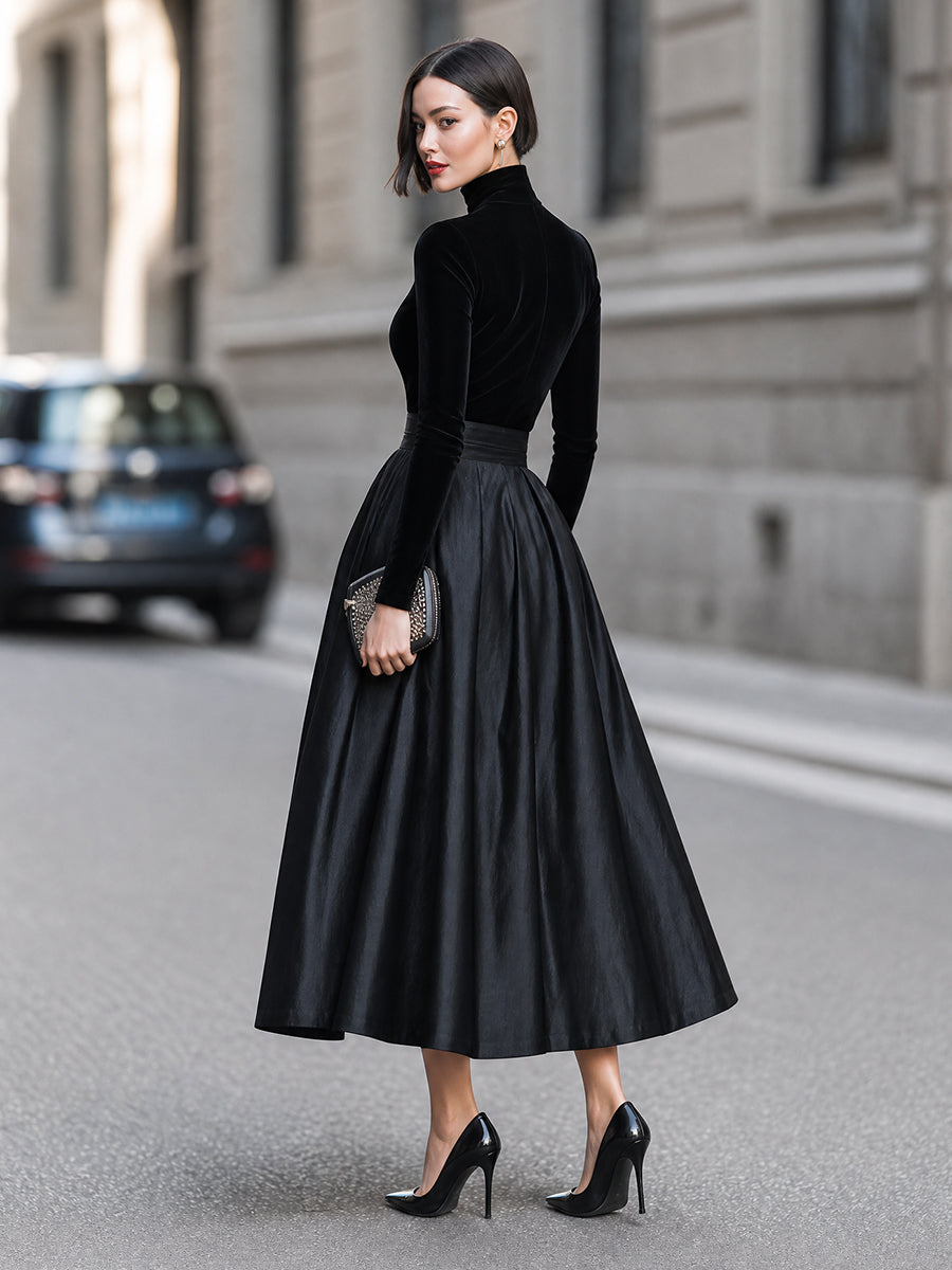 High-Neck Long-Sleeve Full-Skirt Maxi Dress