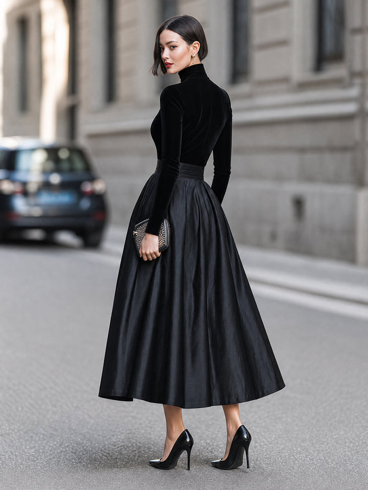 High-Neck Long-Sleeve Full-Skirt Maxi Dress