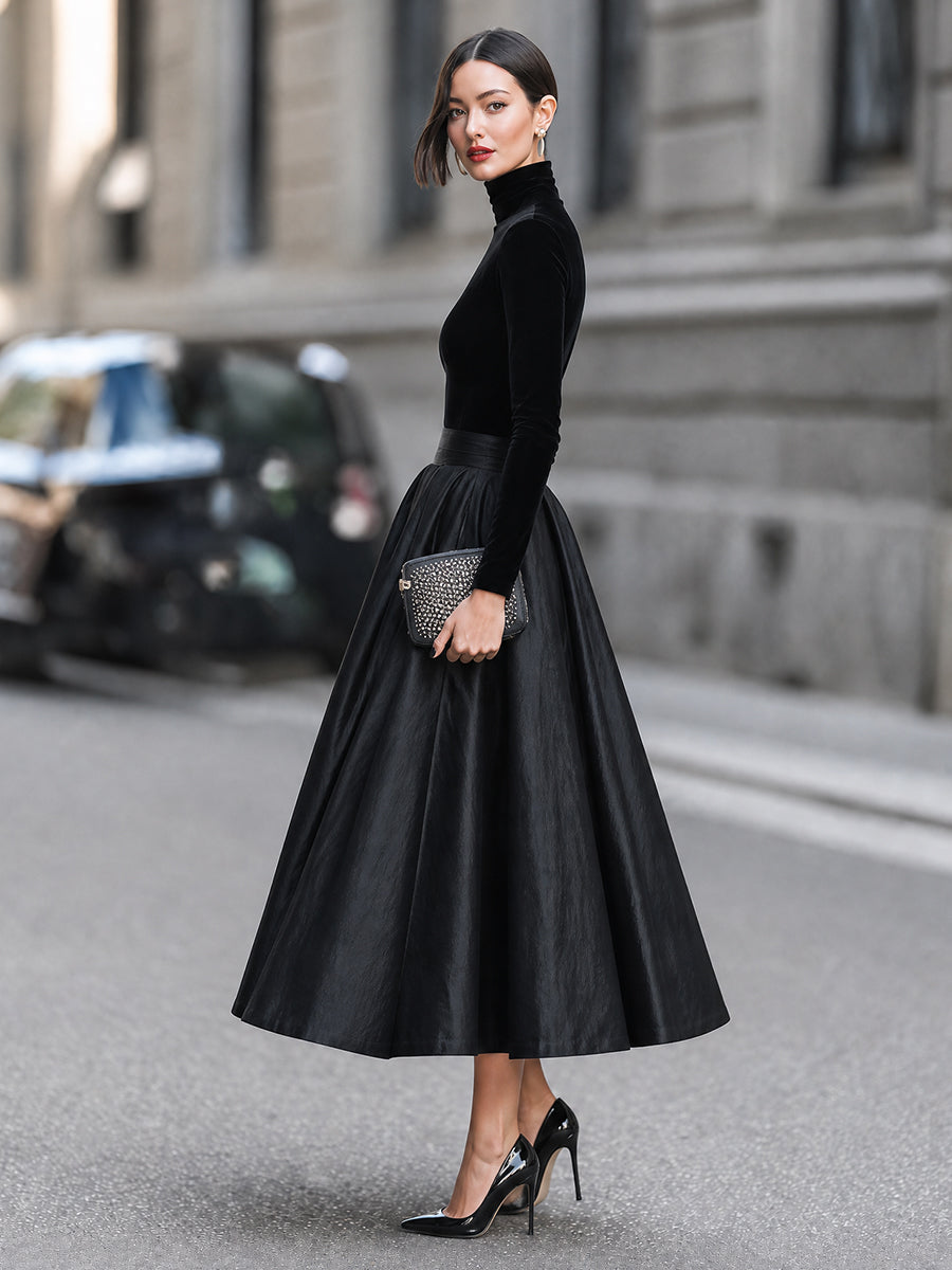 High-Neck Long-Sleeve Full-Skirt Maxi Dress