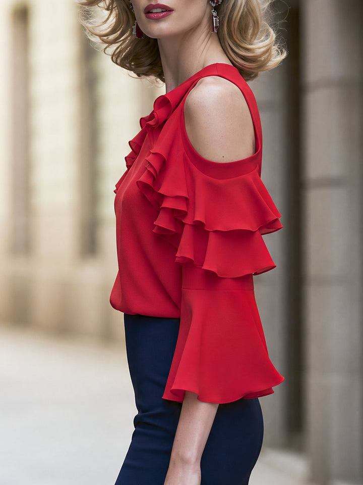 Cold Shoulder Ruffle Trim Bell Sleeve Blouse
