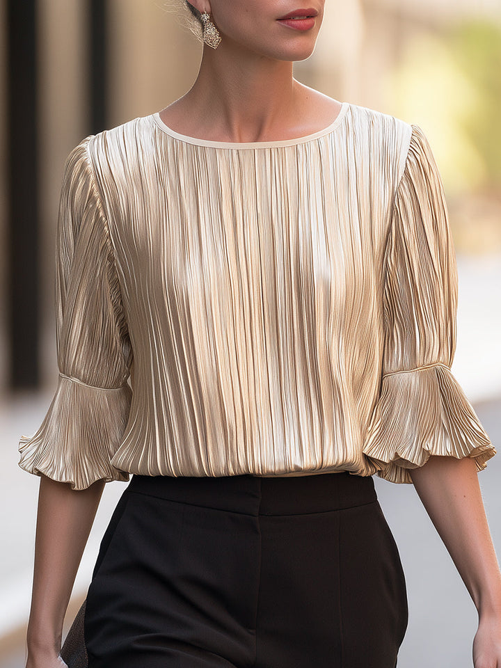 Metallic Pleated Bell Sleeve Blouse Round Neck Top