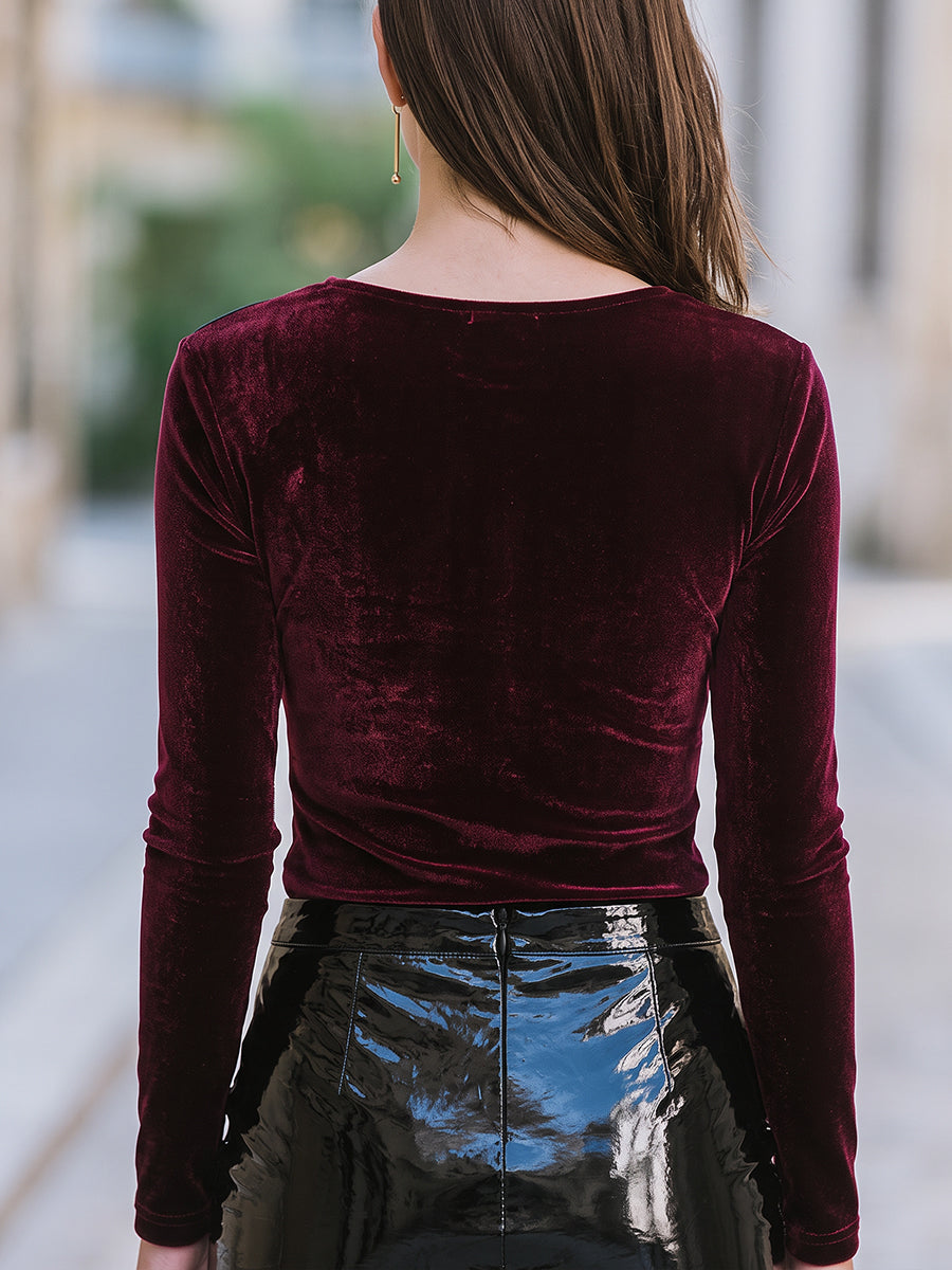 Velvet Mesh-Yoke Long-Sleeve Top