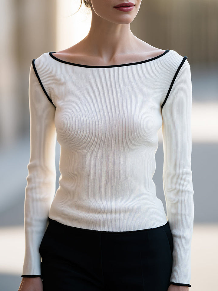 Contrast-Trim Ribbed Boat-Neck Knit Top