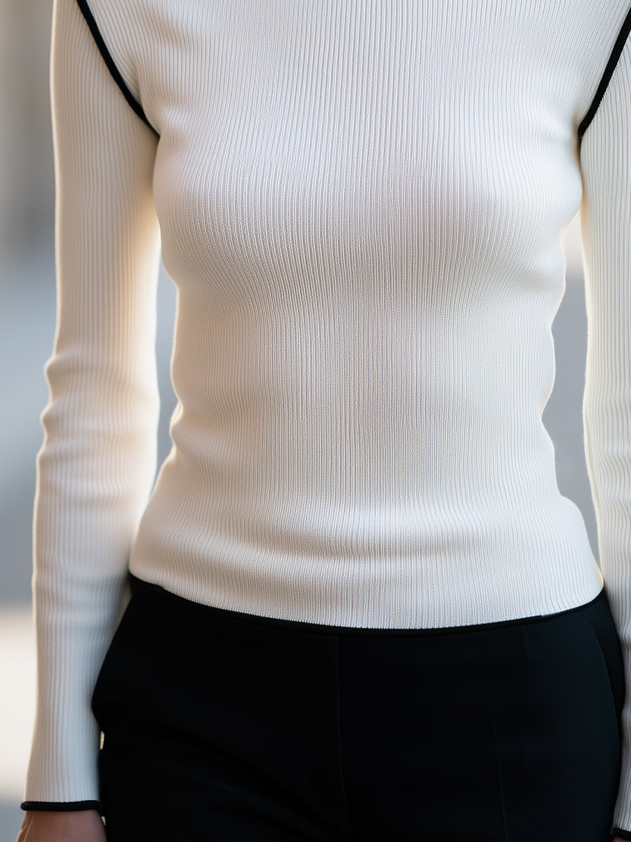 Contrast-Trim Ribbed Boat-Neck Knit Top