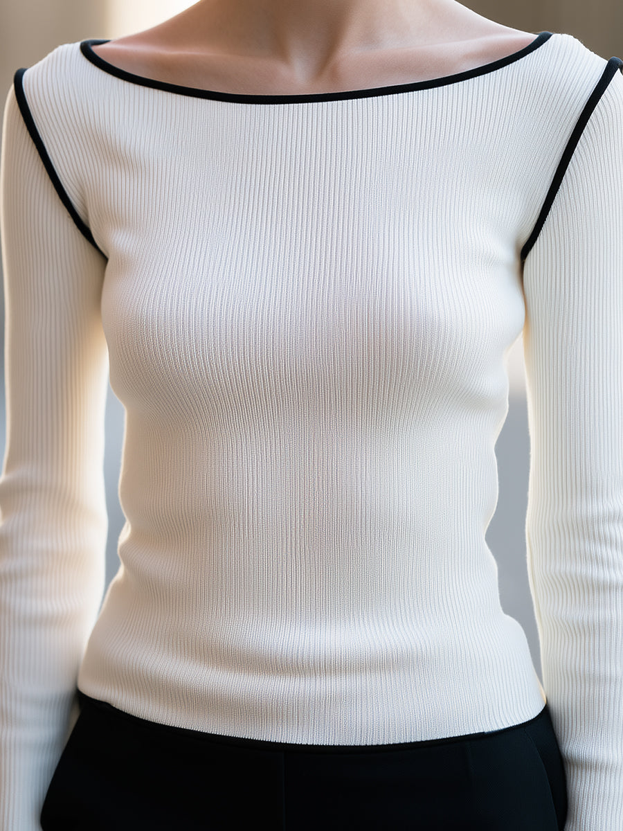 Contrast-Trim Ribbed Boat-Neck Knit Top