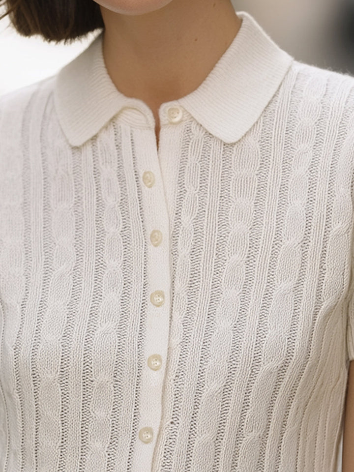 Elegant White Cable Knit Polo Sweater Top