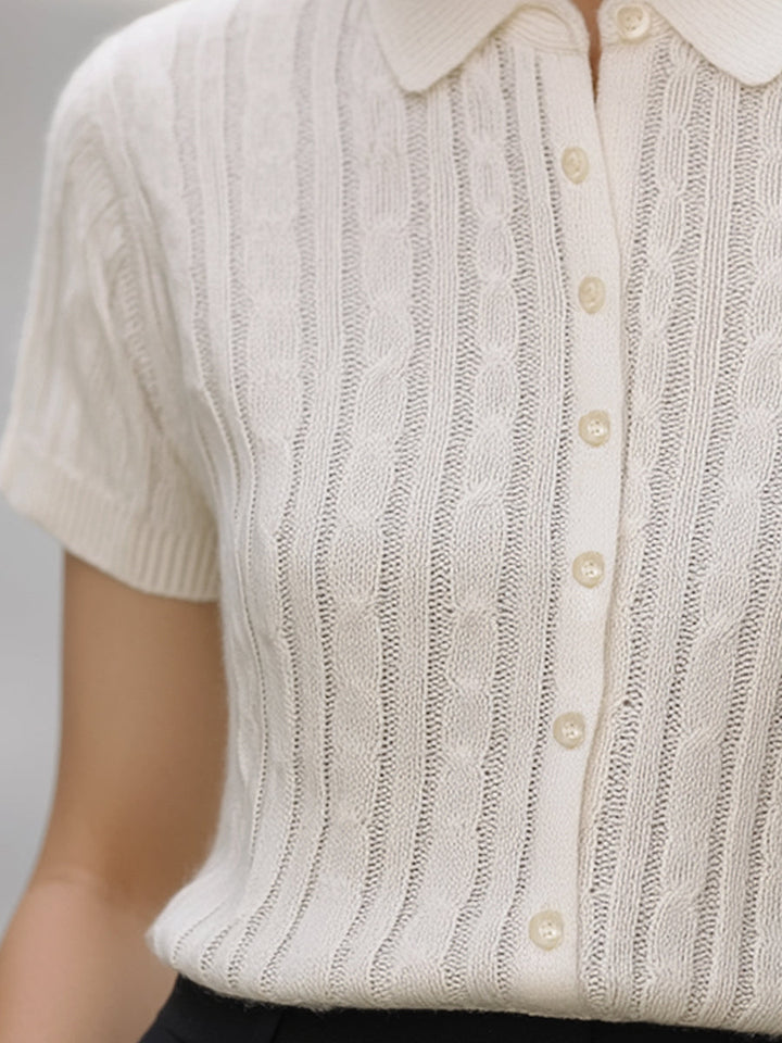 Elegant White Cable Knit Polo Sweater Top