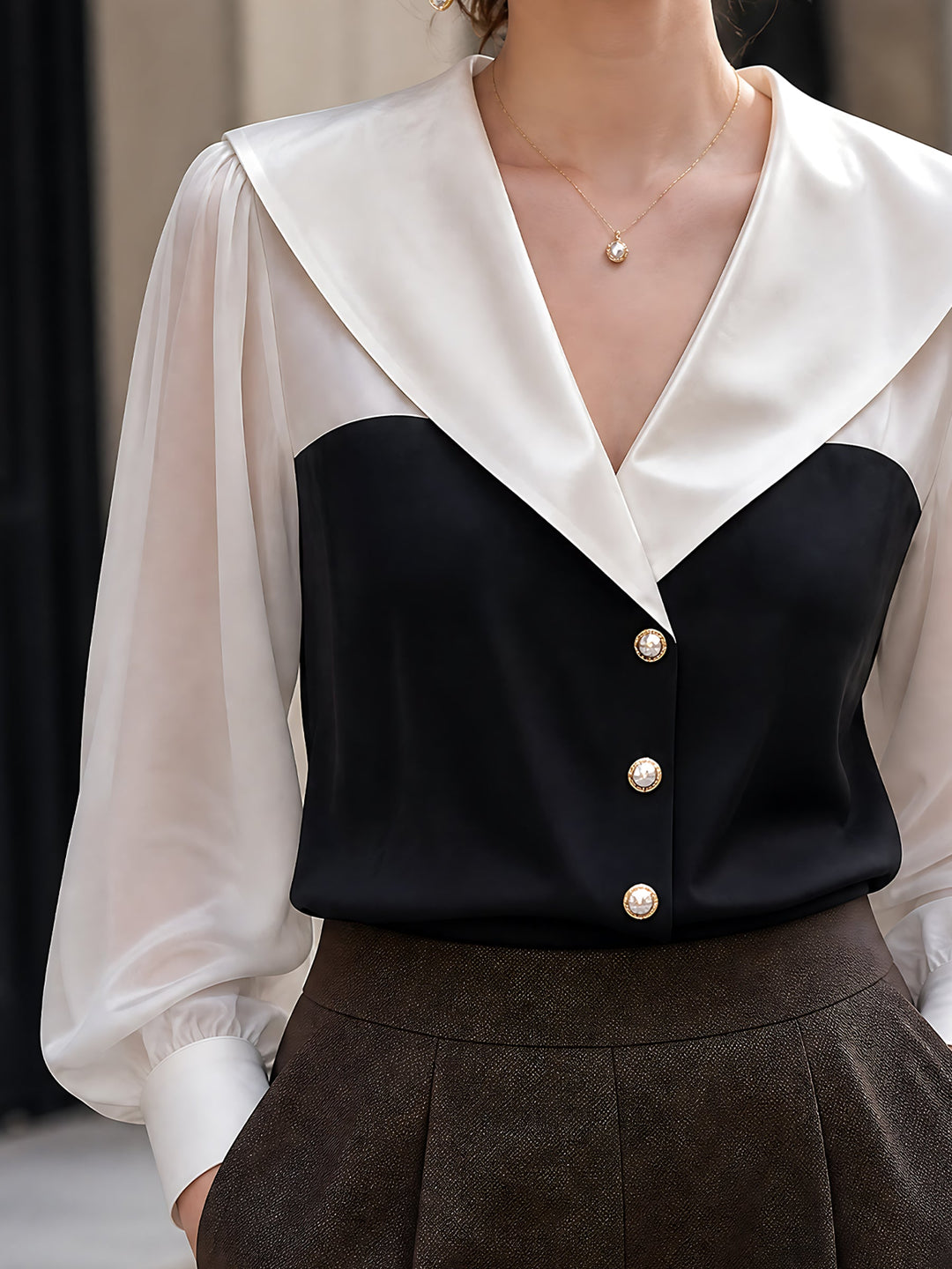 Satin Contrast-Collar Chiffon-Sleeve Blouse