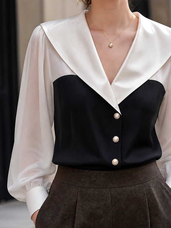 Satin Contrast-Collar Chiffon-Sleeve Blouse