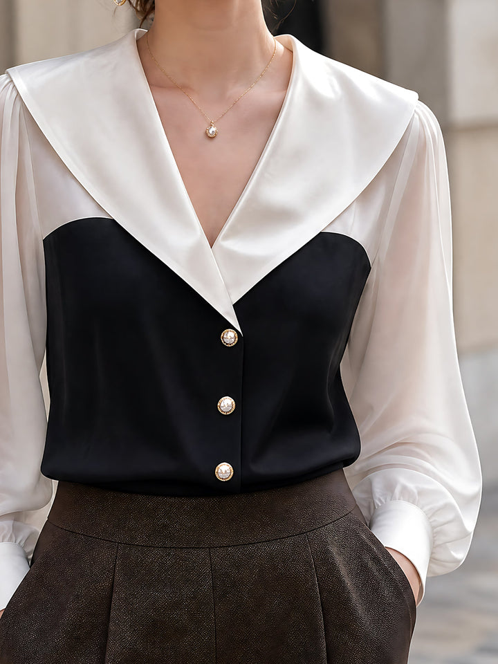 Satin Contrast-Collar Chiffon-Sleeve Blouse