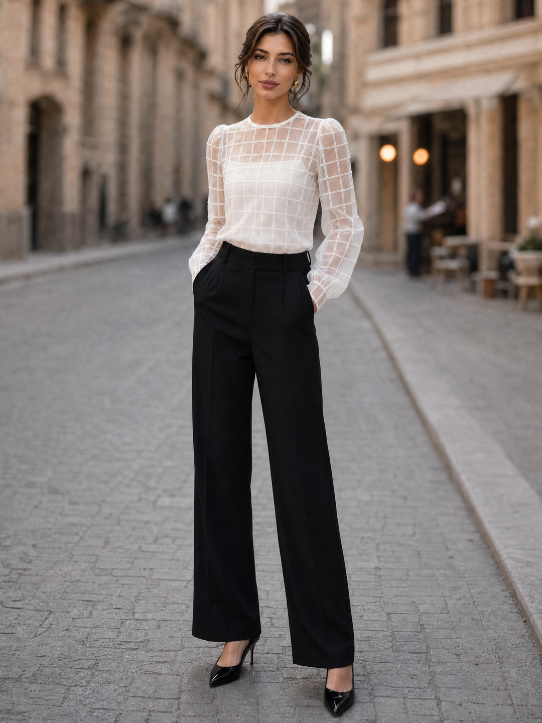 Elegant Sheer Grid Organza Long Sleeve Blouse