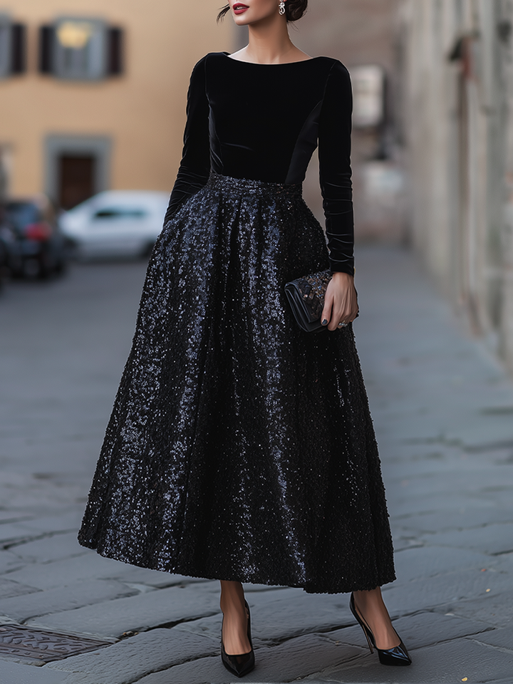 Elegant Velvet Long Sleeve Sequin Maxi Dress
