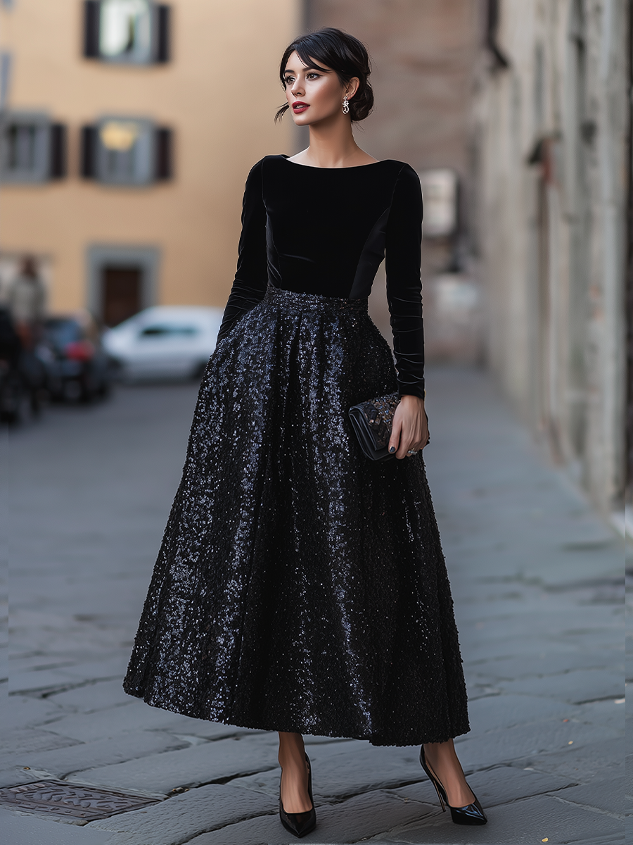 Elegant Velvet Long Sleeve Sequin Maxi Dress