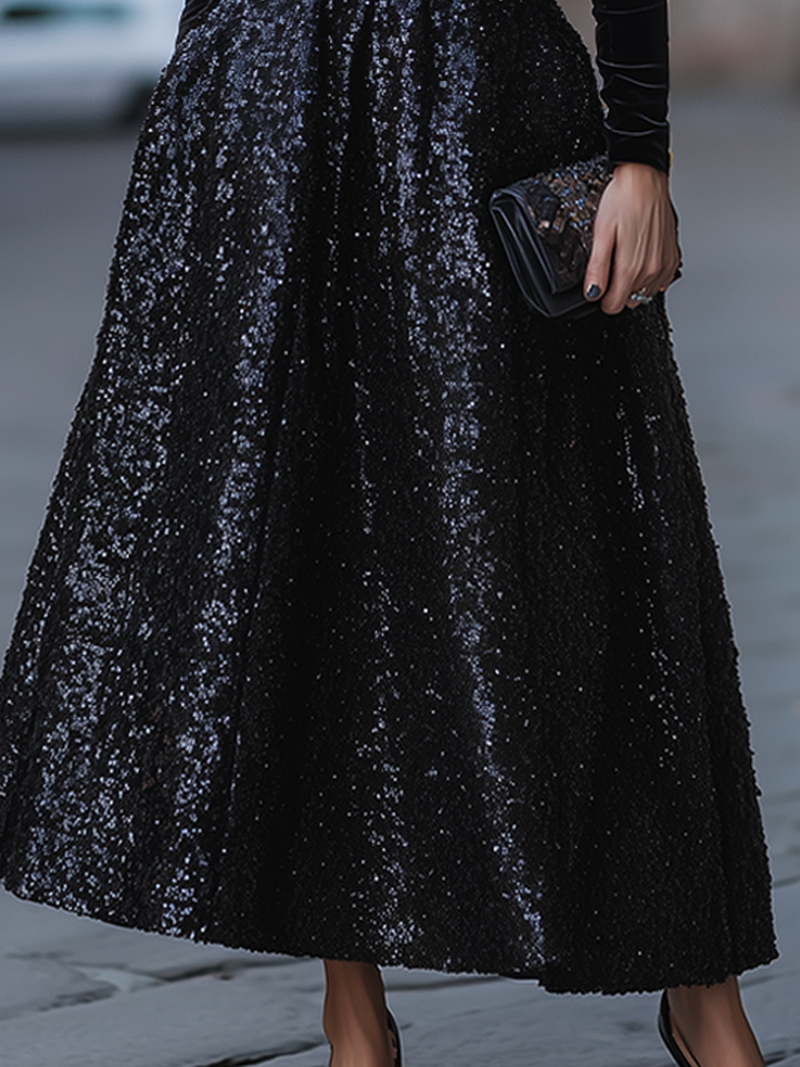 Elegant Velvet Long Sleeve Sequin Maxi Dress