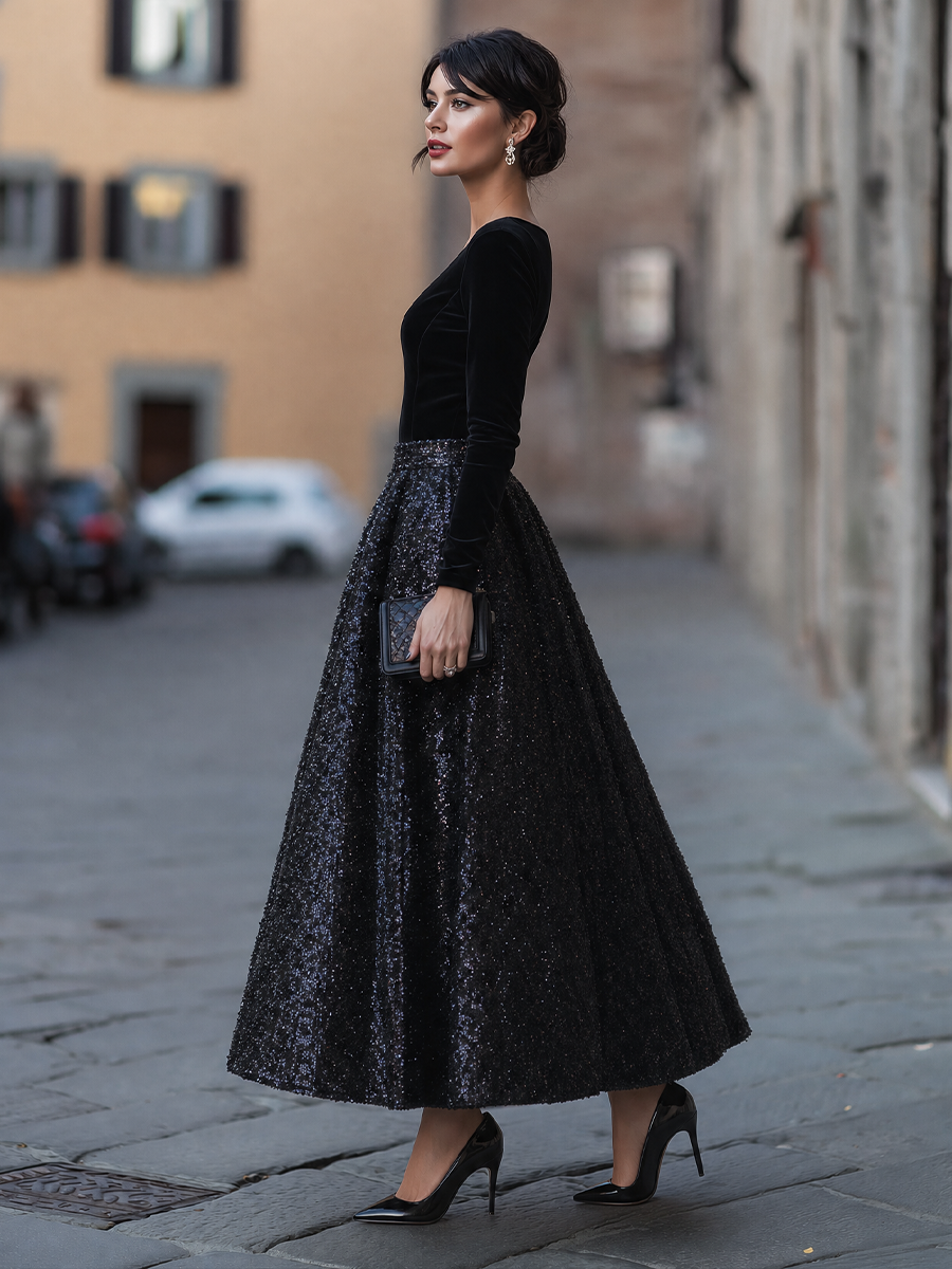Elegant Velvet Long Sleeve Sequin Maxi Dress
