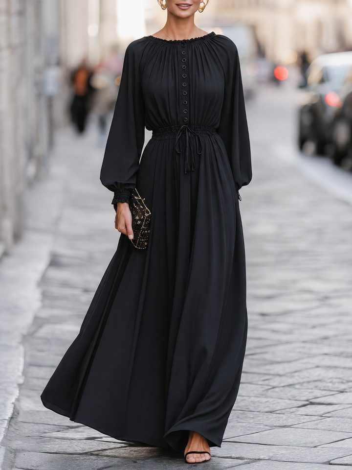 Button-Front Drawstring-Waist Maxi Dress With Balloon Sleeves