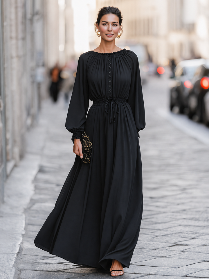 Button-Front Drawstring-Waist Maxi Dress With Balloon Sleeves