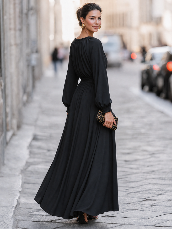 Button-Front Drawstring-Waist Maxi Dress With Balloon Sleeves