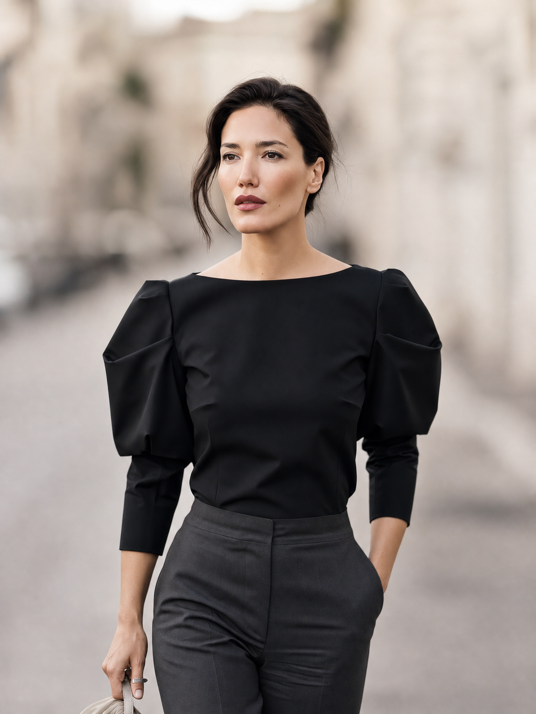Women's Puff Sleeve Boat Neck Blouse - Elegant Structured Top