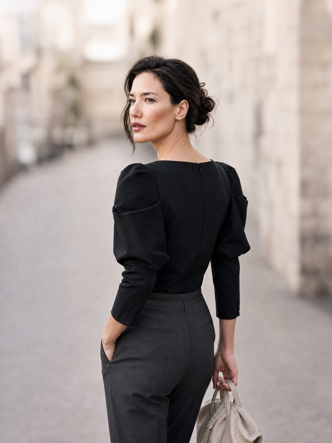Women's Puff Sleeve Boat Neck Blouse - Elegant Structured Top