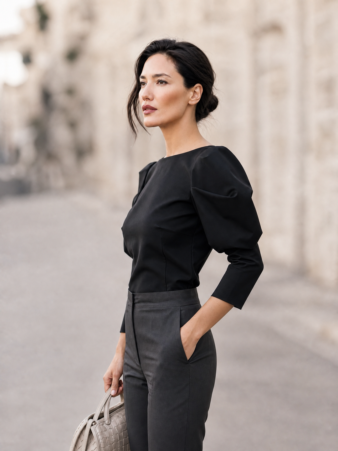 Women's Puff Sleeve Boat Neck Blouse - Elegant Structured Top