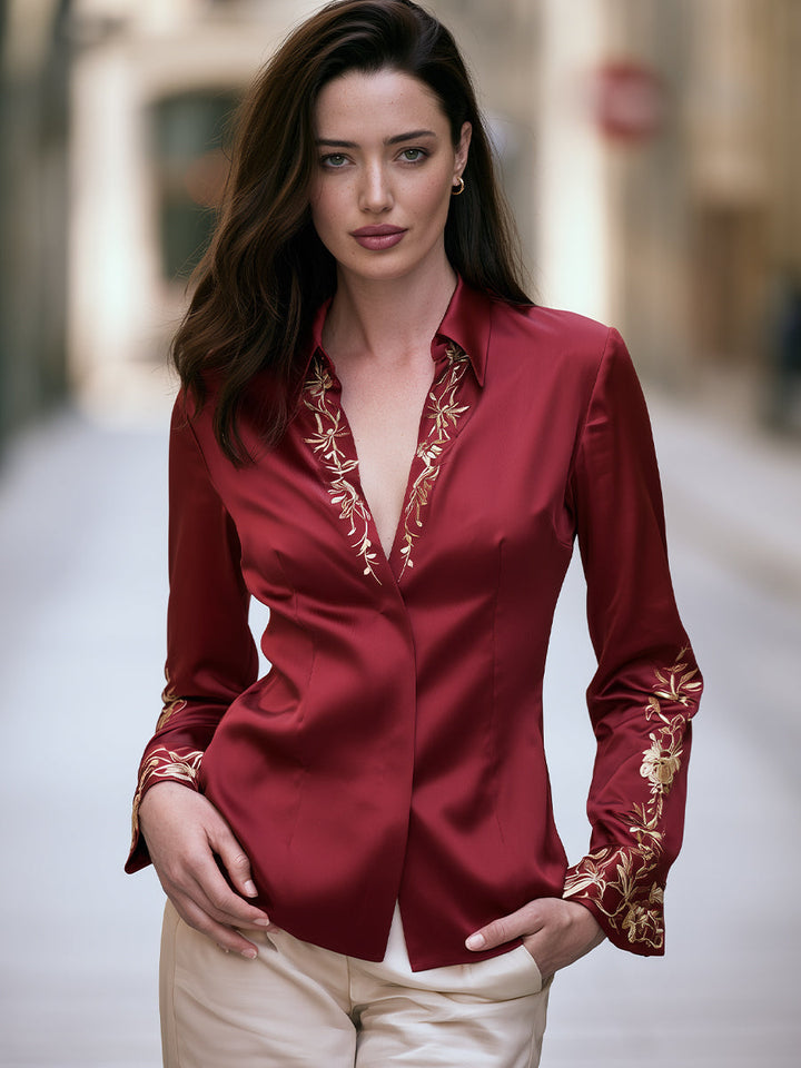 Embroidered Satin V Neck Blouse
