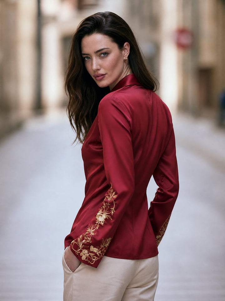 Embroidered Satin V Neck Blouse