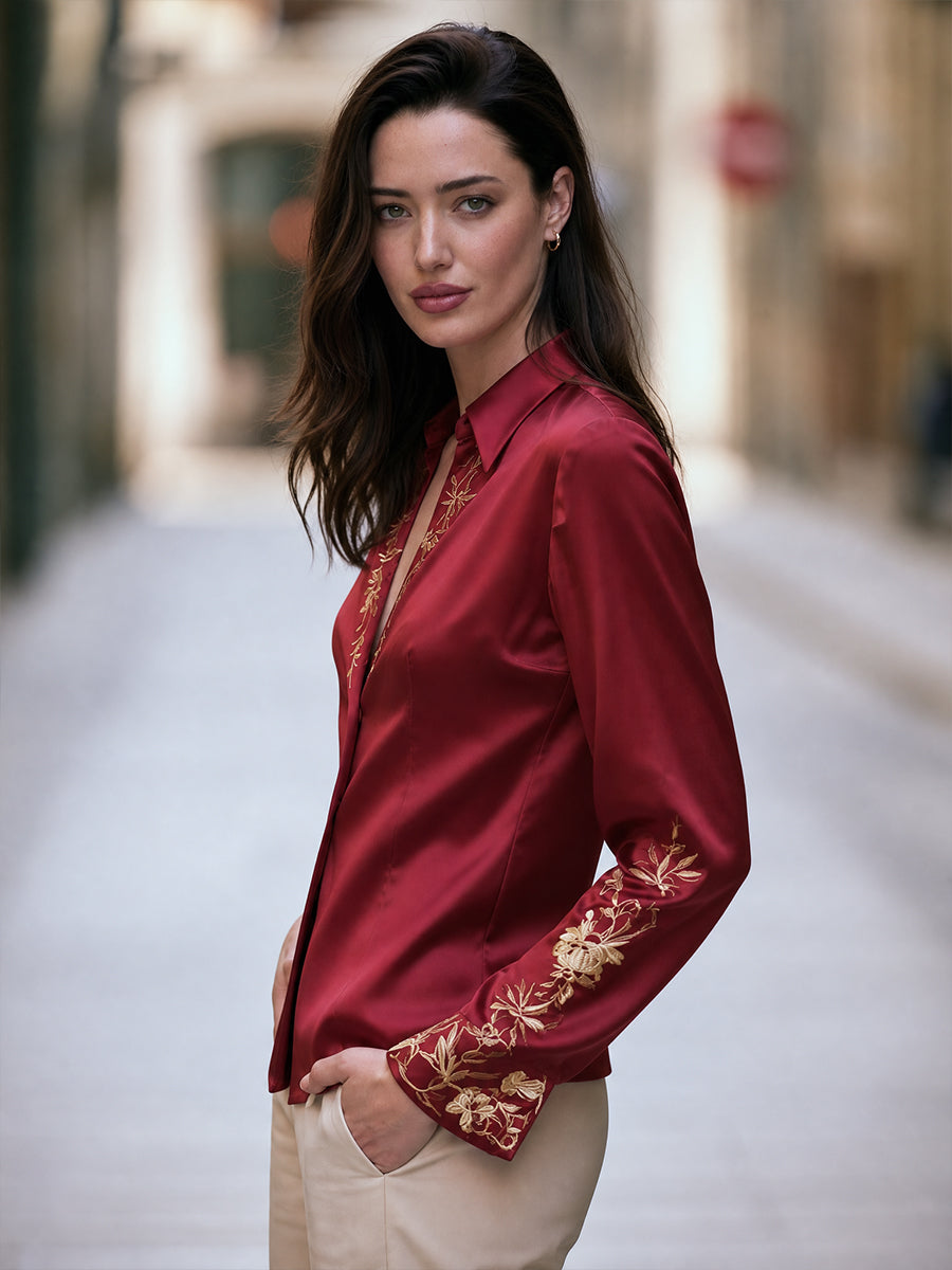 Embroidered Satin V Neck Blouse