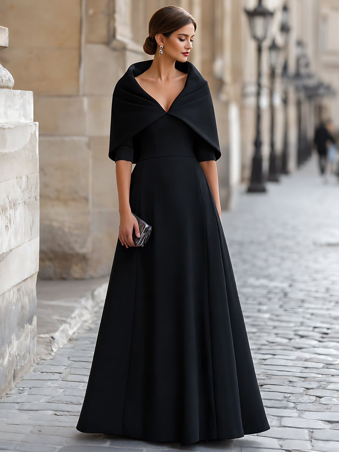 Cape-Collar A-Line Maxi Dress