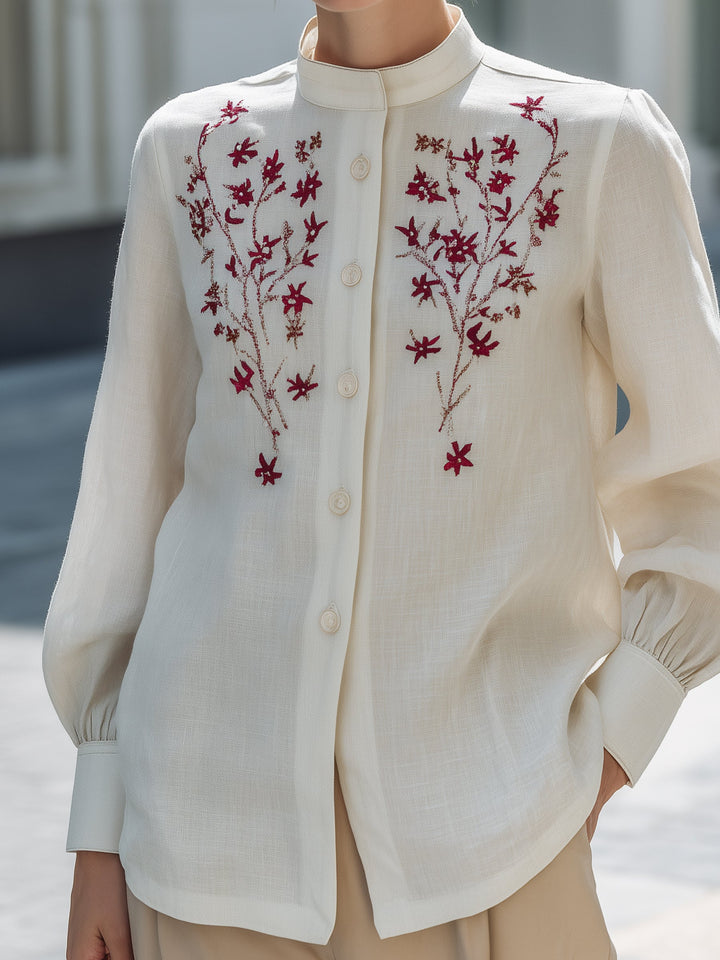 Embroidered Linen Button-Up Blouse
