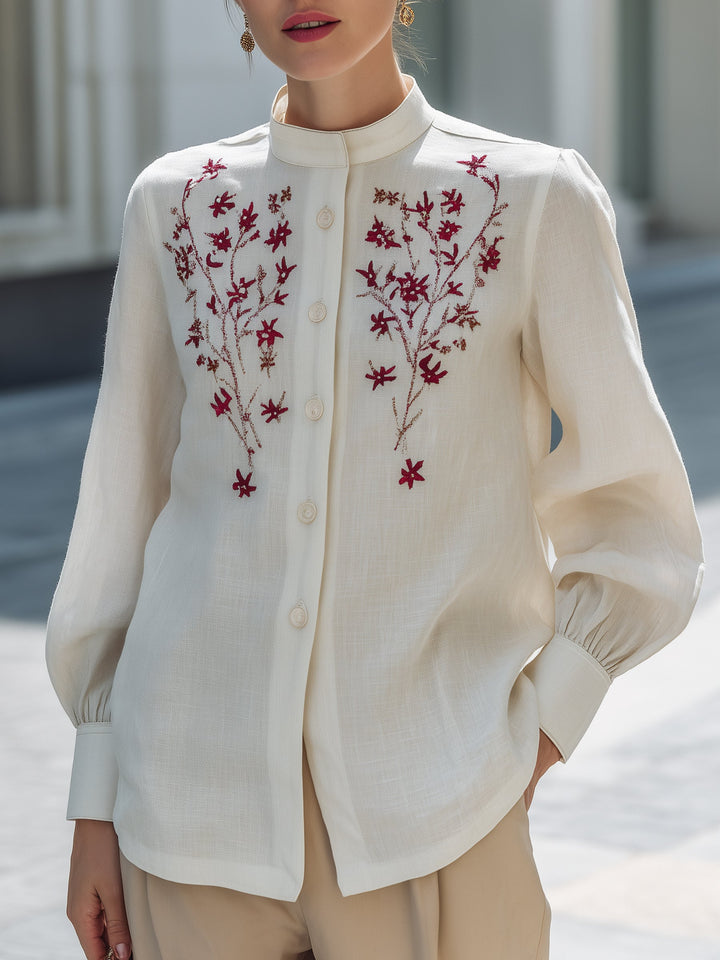 Embroidered Linen Button-Up Blouse