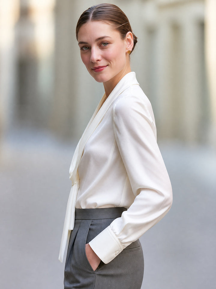 Elegant Satin Tie-Neck Long Sleeve Blouse
