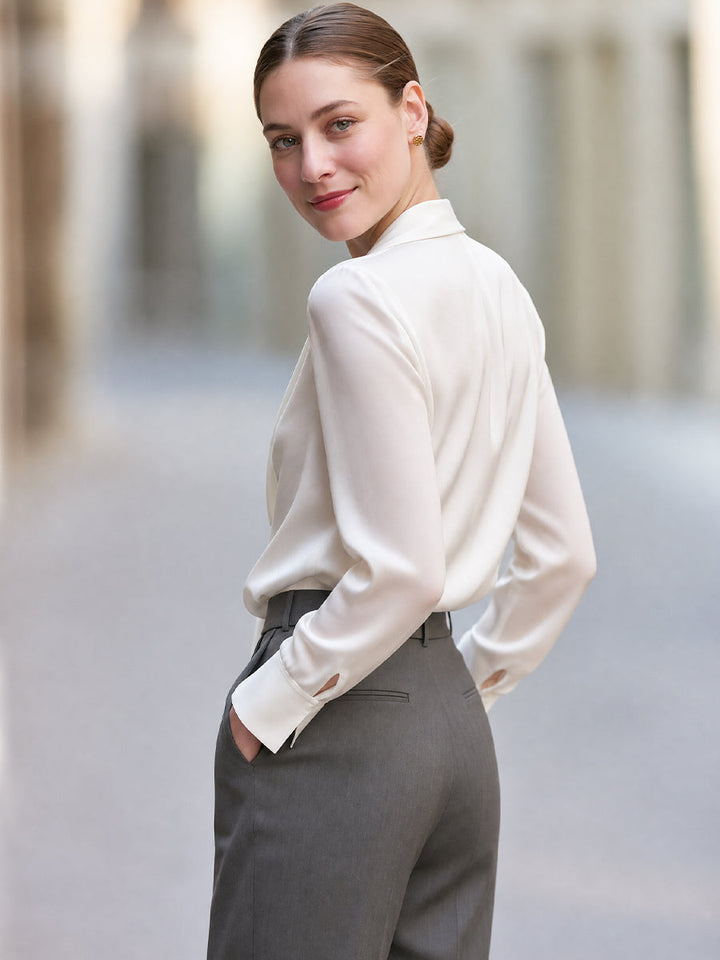 Elegant Satin Tie-Neck Long Sleeve Blouse