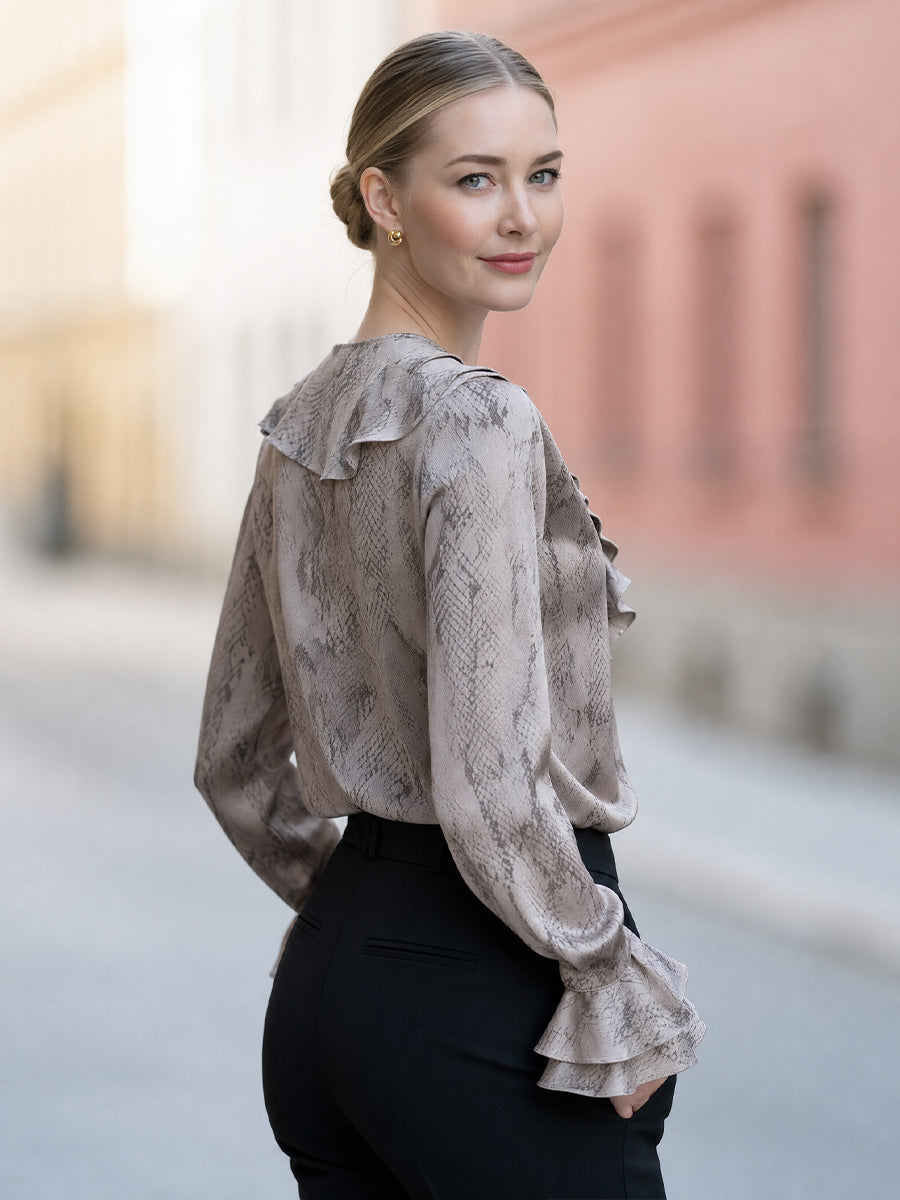 Snake Print Ruffle V-Neck Long Sleeve Satin Blouse