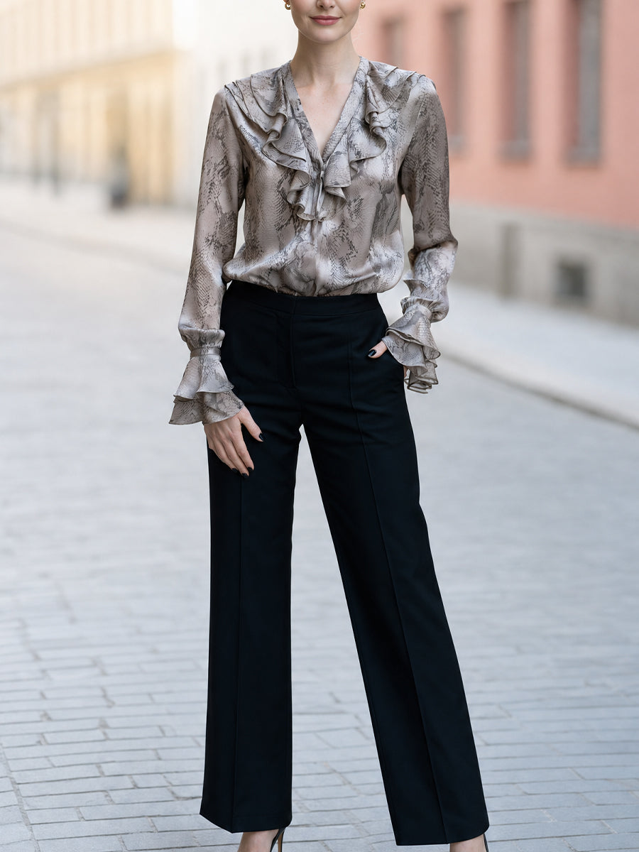 Snake Print Ruffle V-Neck Long Sleeve Satin Blouse