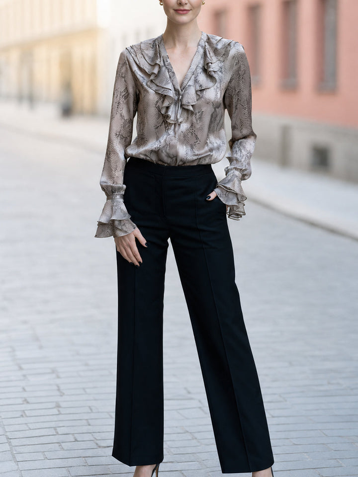 Snake Print Ruffle V-Neck Long Sleeve Satin Blouse