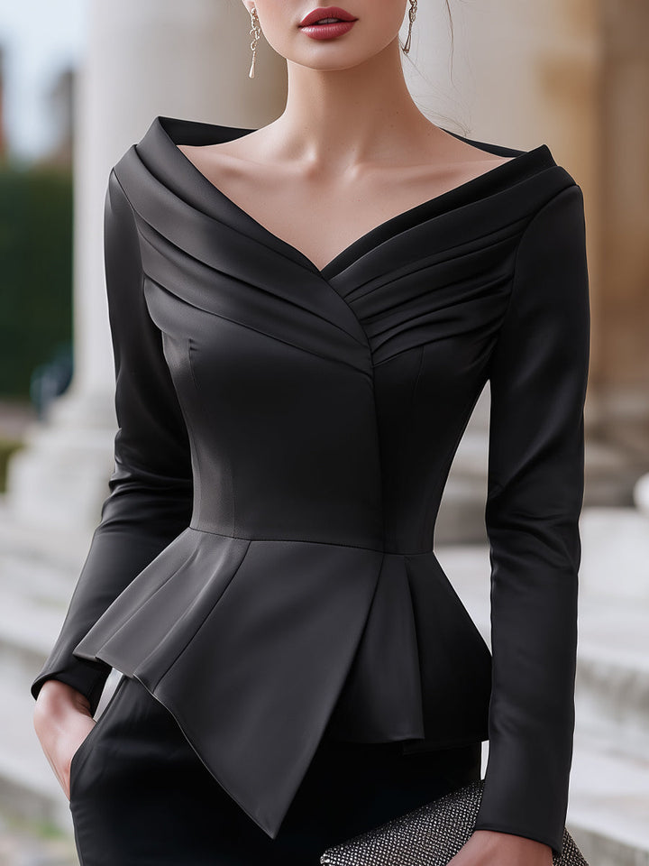Elegant Satin Draped Long Sleeve Peplum Top