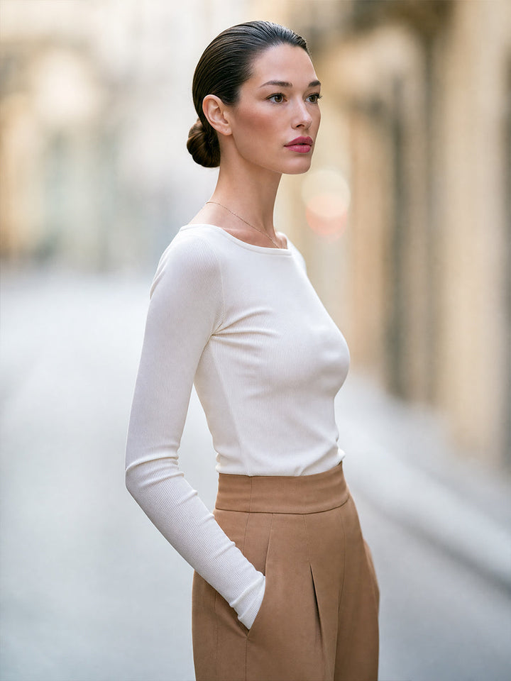 Ribbed Boat Neck Long Sleeve Fitted Top