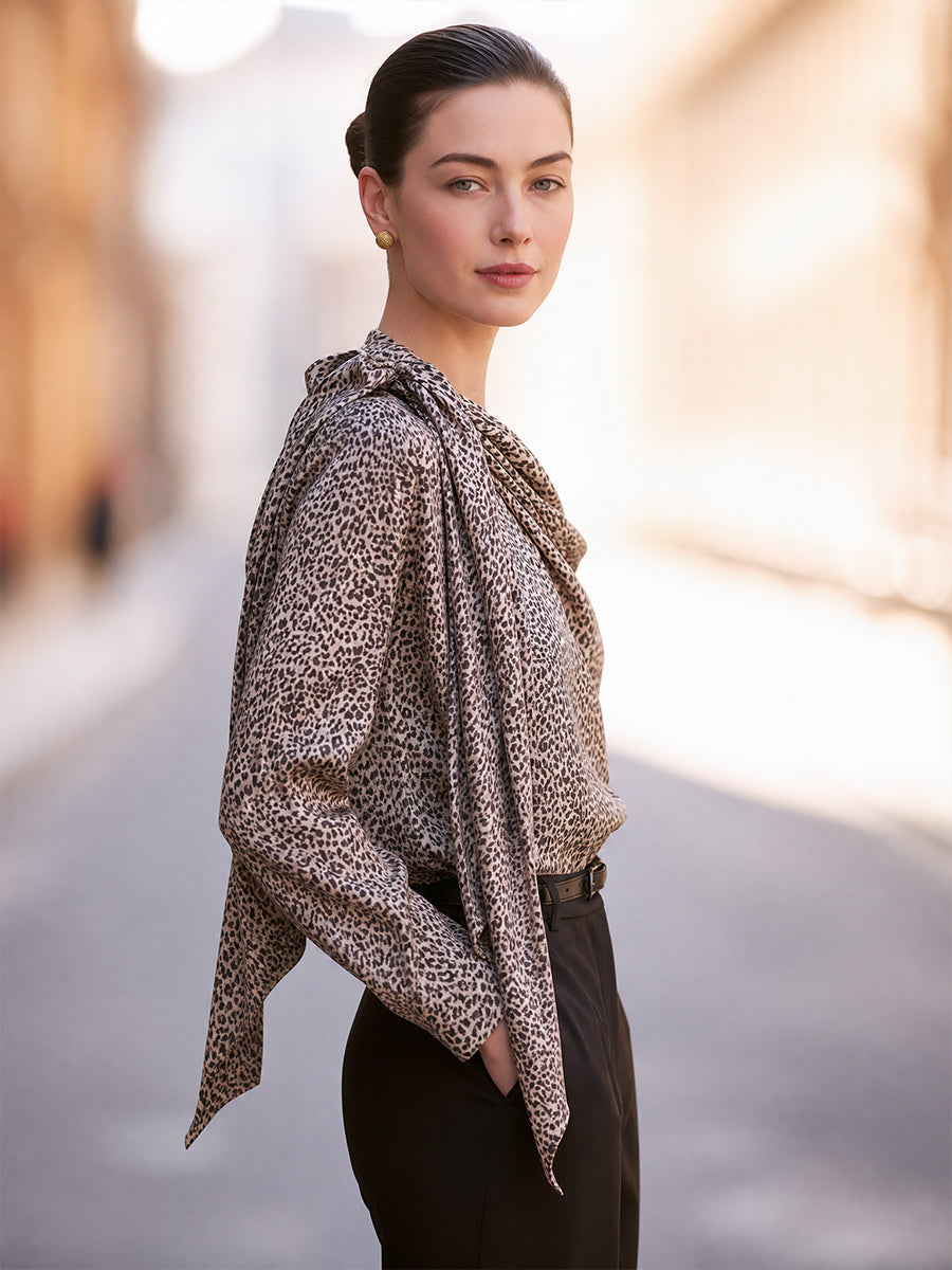 Leopard Print Off-Shoulder Draped Blouse with Tie Neck Detail