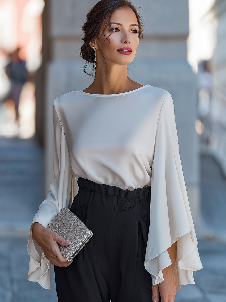 Elegant Boat Neck Flared Sleeve Satin Blouse