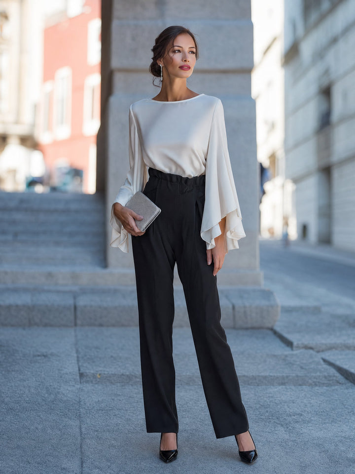 Elegant Boat Neck Flared Sleeve Satin Blouse