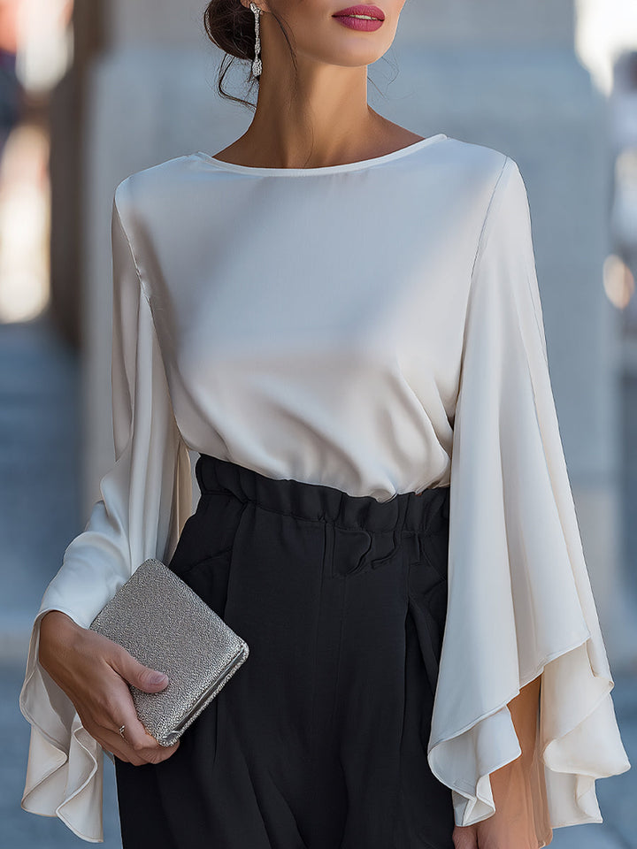 Elegant Boat Neck Flared Sleeve Satin Blouse