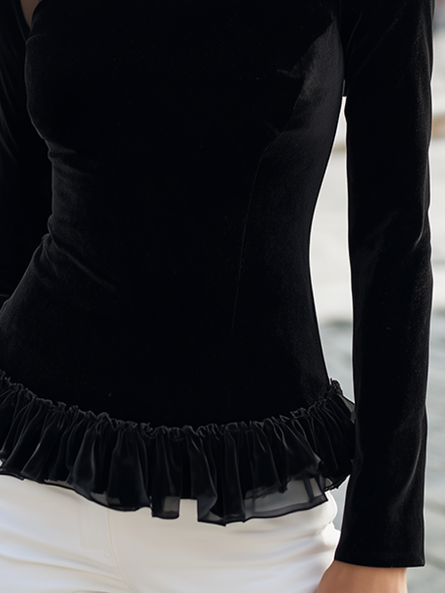 Asymmetric Sheer-Yoke Ruffle-Hem Fitted Top