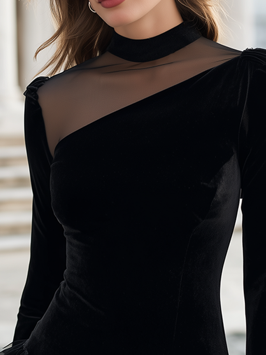 Asymmetric Sheer-Yoke Ruffle-Hem Fitted Top